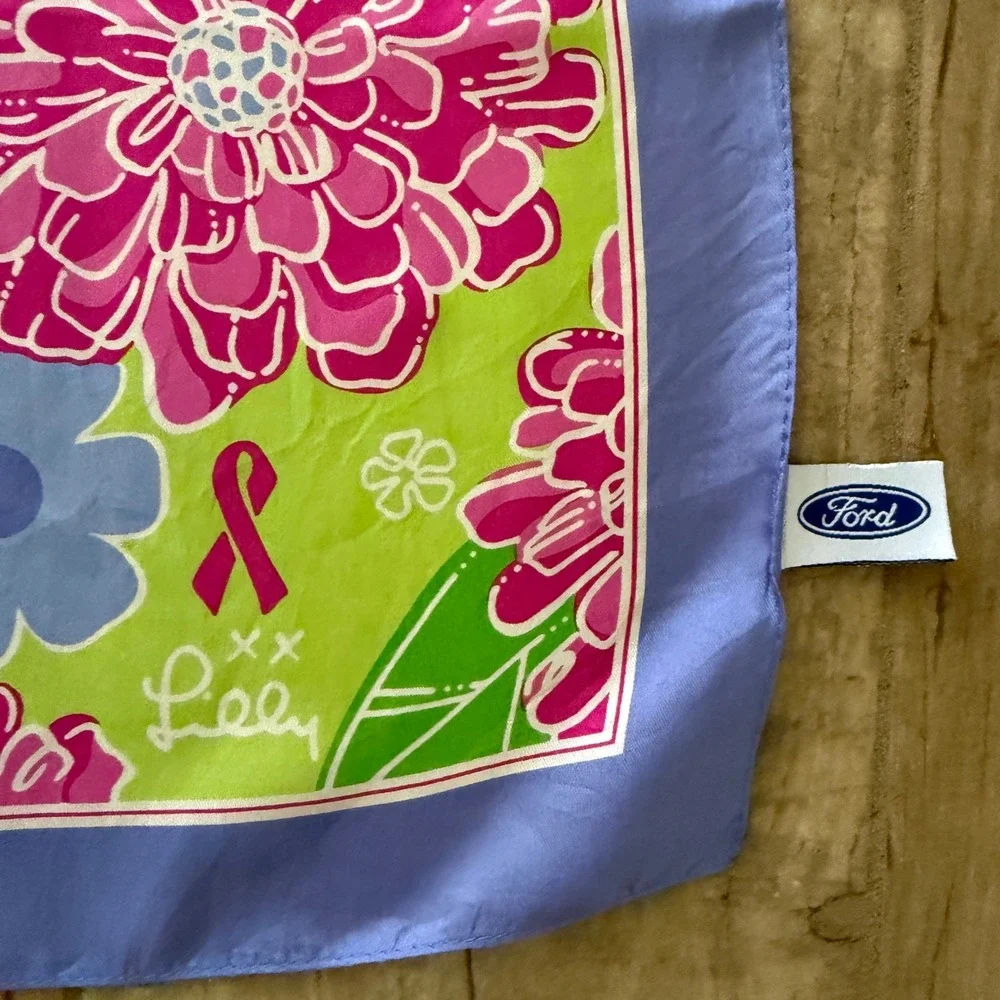Lilly Pulitzer Ford Warriors in Pink Silk Floral Scarf Pink‎ Green Blue Ribbon